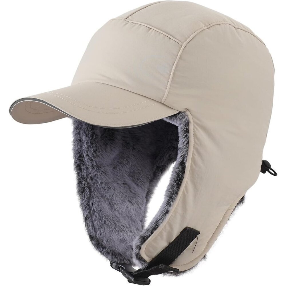 Men Beige Winter Trapper Hat Faux Fur Earflaps with Reflective Brim
